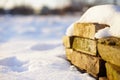 Old white bricks in green moss covered with snow in the garden Royalty Free Stock Photo