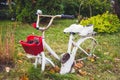 Old white decorative bicycle with a red basket and white galoshes in the garden