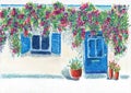 Old white Grecian house with blue window and door, with flower pots and flowers on the roof Royalty Free Stock Photo