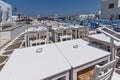 Old white house and Bay in Naoussa town, Paros island, Cyclades, Greece Royalty Free Stock Photo