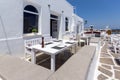 Old white house and Bay in Naoussa town, Paros island, Cyclades, Greece Royalty Free Stock Photo