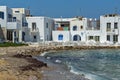 Old white house and Bay in Naoussa town, Paros island, Greece Royalty Free Stock Photo