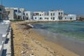 Old white house and Bay in Naoussa town, Paros island, Greece Royalty Free Stock Photo