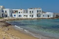 Old white house and Bay in Naoussa town, Paros island, Greece Royalty Free Stock Photo