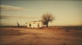 Eerie Polaroid Old House With Tree In Dry Desert