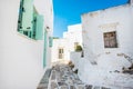 Old white houses with turquoise windows in Lefkes village Royalty Free Stock Photo