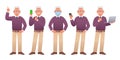 An old white man with glasses, a lilac sweater and beige trousers is standing in different poses. Grandpa is standing with a phone