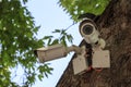 Old white outdoor video surveillance cameras cctv installed in several directions for easy monitoring of order in the Park
