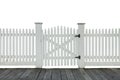 Old white picket fence with gate and wood sidewalk isolated on white Royalty Free Stock Photo
