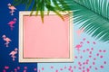 old white retro frame with pink copy space, around the frame flamingo jungle leaves and confetti on a dark and pastel Royalty Free Stock Photo