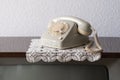 Old white Rotary Telephone with Disc Dial with finger, putting retro phone reciver down, hanging up, calls helpline, psychological