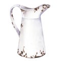 Old white rusty jug. Watercolor illustration. Vintage enamelled iron pitcher in Farmhouse style. Empty vase for bouquets