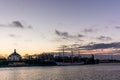 An old white sailing ship  in Stockholm during a colorful sunrise - 1 Royalty Free Stock Photo