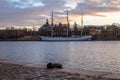 An old white sailing ship  in Stockholm during a colorful sunrise - 5 Royalty Free Stock Photo