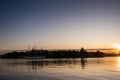 An old white sailing ship  in Stockholm during a colorful sunrise in autumn Royalty Free Stock Photo