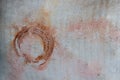 Old white tarp with circular rust, stains, a gunge vintage look in shades of red, orange color, brown and gray