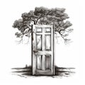 Moody Realism: Illustrating An Open Door With Tree In A Psychological Phenomena Style