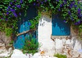 Old white wall with closed blue door and window overgrown with bindweed