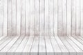 Old white wood wall panel pattern. Old white wooden floor texture for background. Empty of room