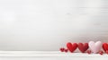 white wooden table with red hearts bokeh, valentines day love concept with copy space