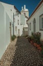 Old whitewashed houses with flowered vases in cobblestone alley Royalty Free Stock Photo