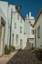 Old whitewashed houses with flowered vases in cobblestone alley Royalty Free Stock Photo