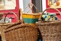 Old wicker baskets items for sale at a village flea market Royalty Free Stock Photo