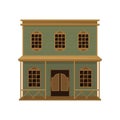 Old wild west saloon with wood swinging doors and porch. Two-storey wooden western house. Flat vector icon Royalty Free Stock Photo