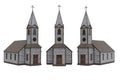 Old wild western wooden church with cross on top of the bell tower. 3D rendering with 3 angles isolated Royalty Free Stock Photo