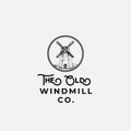 The Old Wind Mill Company Abstract Vector Sign, Symbol or Logo Template. Sketch Windmill Drawing in a Circle and Retro