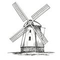 old windmill, architectural vintage building hand drawn vector illustration realistic sketch