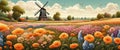 Old windmill with beauty field of different colorful flowers sunset. Graphic Royalty Free Stock Photo