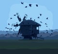 Old windmill with flying birds. Evening rural landscape