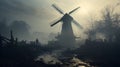 Old Windmill in Misty Countryside Morning Royalty Free Stock Photo