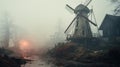 Old Windmill in Misty Countryside Morning Royalty Free Stock Photo