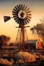 An old windmill in the prairie at sunset, with a farm in the background.