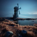 Old windmill on the shore of a pond or lake