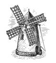 Old windmill in sketch style. Farm mill, agriculture concept. Engraved vintage vector illustration