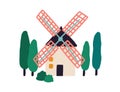 Old windmill among trees. Holland farm tower of wind mill with propeller. Hand-drawn colored flat vector illustration Royalty Free Stock Photo