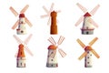 Old windmills set, vintage farm stone wooden tower mills to grind wheat flour with wind