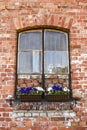 .An old window in a brick tenement house, broken glass, an abandoned house Royalty Free Stock Photo