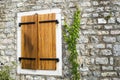 The old window with closed shutters in the old house. Ivy enters the stone wall. Element of the facade of the old house Royalty Free Stock Photo