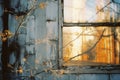 an old window in a dilapidated building with a tree in front of it