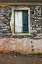 Old, window and dirty exterior with brick wall of abandoned house, building or concrete frame with broken doors Royalty Free Stock Photo