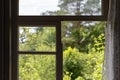 An old window half opened with blured nature view