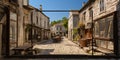 The old window openings that reveal the view of the street among ancient buildings, like a windo