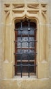 Orthodox church. Old window with ornaments. Hurezi or Horezu Monastery, landmark attraction in Romania