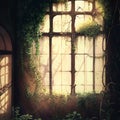 An old window overgrown with vines in the anime style