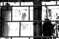 Old window painted white paint behind a rusty bars, black and white Royalty Free Stock Photo