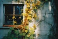 an old window with vines growing around it